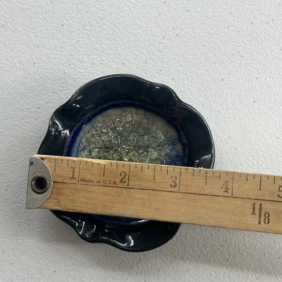 Art Studio Pottery Trinket Ring Dish Ashtray Blue Glaze Geode Crackle Glass - Picture 6 of 11